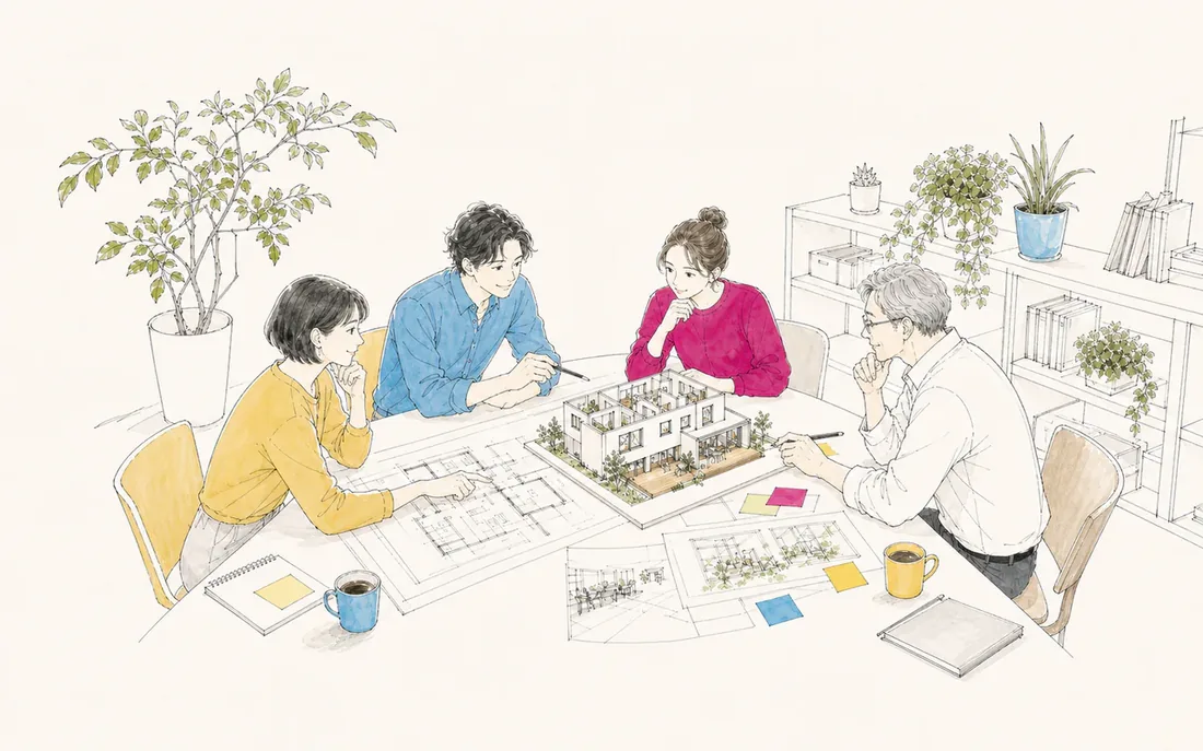 図面と住宅模型を囲み、シェアハウス運営の課題と改善策を相談する様子